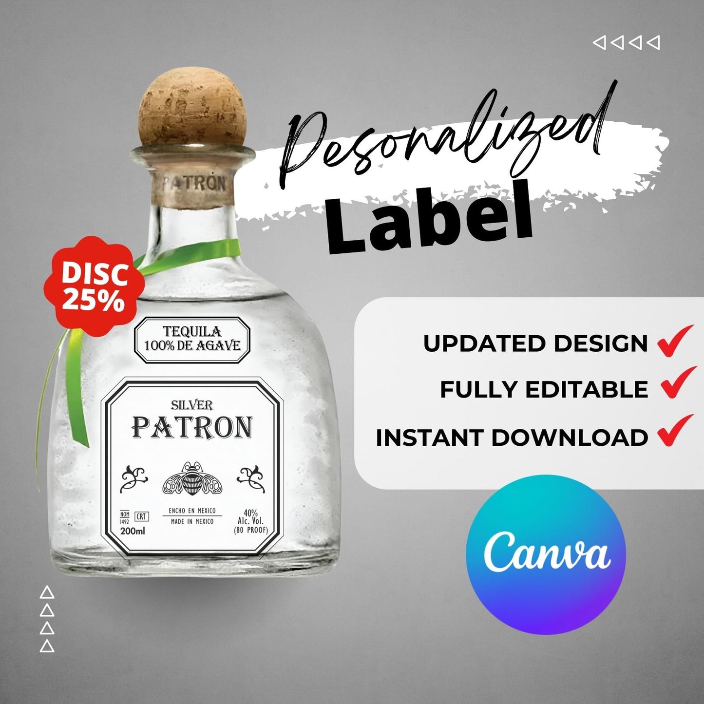 Printable Patron Tequila 200ml Bottle label editable