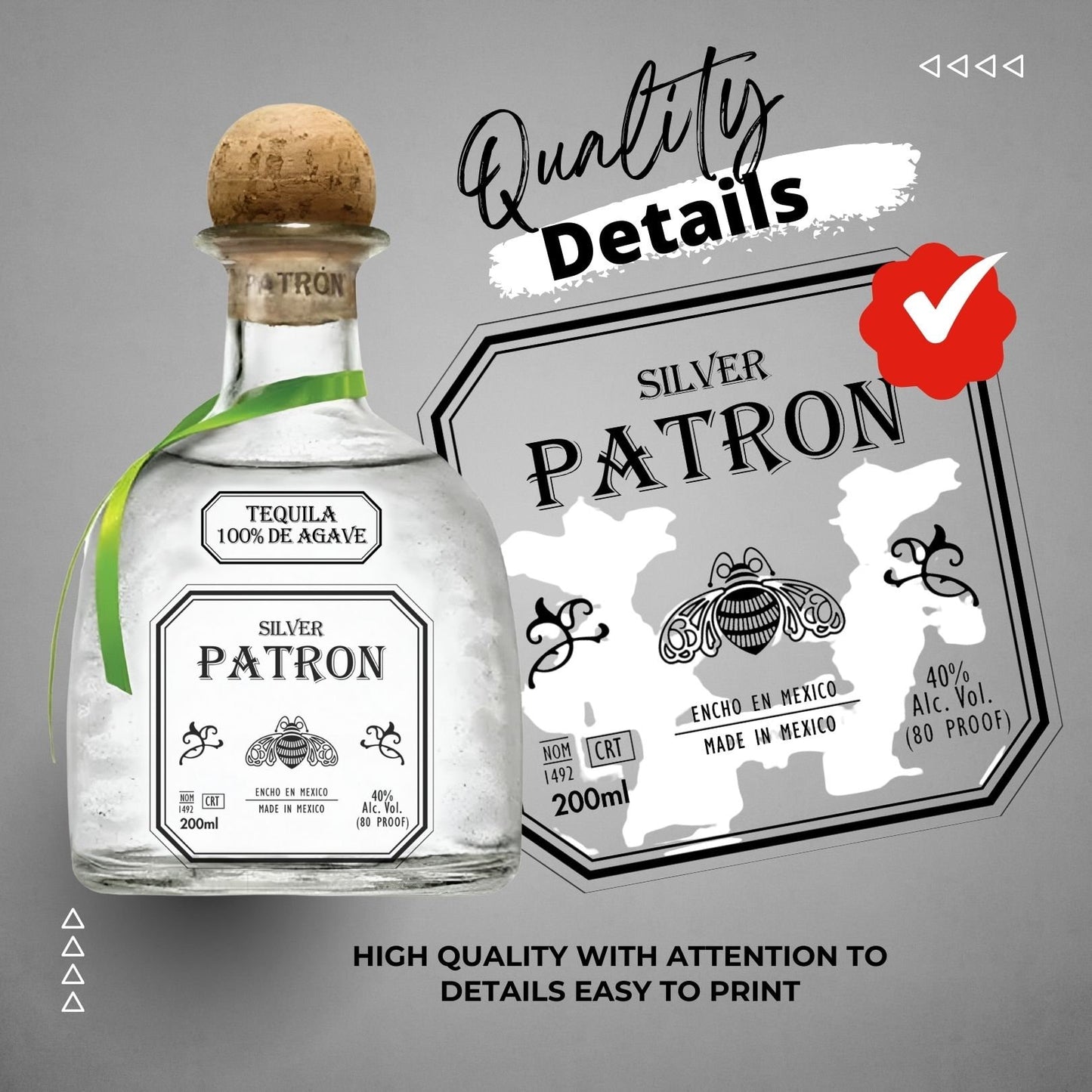 Printable Patron Tequila 200ml Bottle label editable